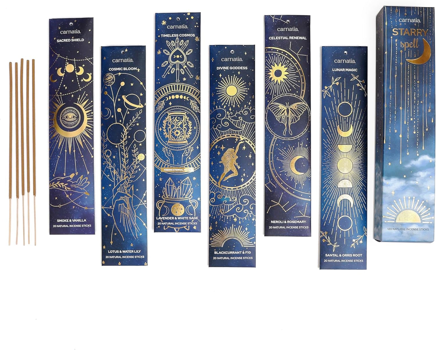 Carnatia Starry Spell Incense Sticks – Set of 6 Mystical Scents, 120 Premium Sticks for Creativity, Focus, Manifestation & Meditation | Natural, Slow-Burning for Spiritual Rituals & Self-Care! - Glowelle