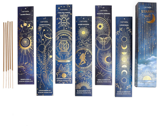 Carnatia Starry Spell Incense Sticks – Set of 6 Mystical Scents, 120 Premium Sticks for Creativity, Focus, Manifestation & Meditation | Natural, Slow-Burning for Spiritual Rituals & Self-Care! - Glowelle