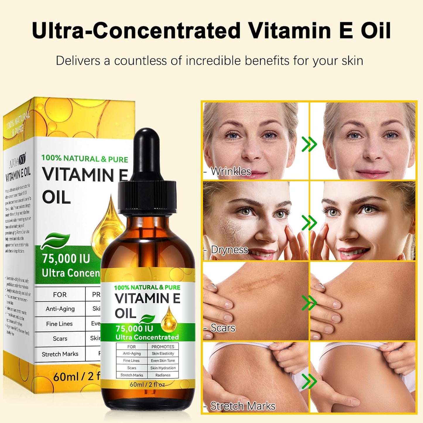 Vitamin E Oil Blend 75,000 IU, Pure Vitamin E Oil for Skin, Face and Scars, Body Bath Oils Moisturizing Dry Skin, Easy to Absorb, 2Fl Oz