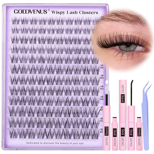Invisible Band Lash Clusters Kit Wispy Natural Cluster Eyelash Extension Kit DIY Lash Extension Kit C Curl 10-16MM Eyelash Clusters Volume Individual Lashes Kit by Goddvenus - Glowelle