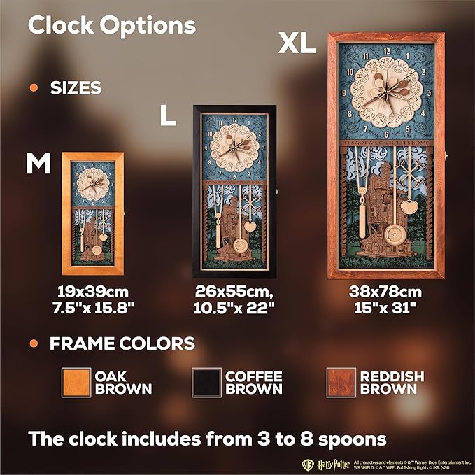 ZE WOOD Weasley Family Harry Potter 3D Wall Clock - Unique Collectible Oak Brown Wooden Clock, Silent Large Modern Rustic Decorative Home Decor for Harry Potter Fans, Mother's Day Gift (5 spoons, XL)