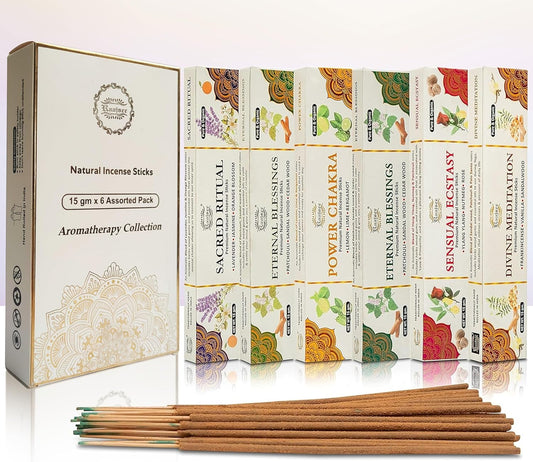 Raajsee Natural Incense Sticks,6 Pack Mixed Scents Gift Pack 15 gm Each (90 gm Total), Insense Sticks Variety Pack, 100% Organic Non Toxic Natural - Hand Rolled Free from Chemicals - Glowelle