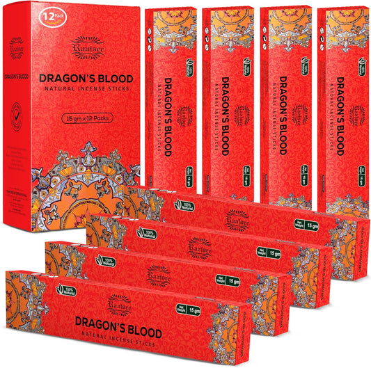 Raajsee Dragons Blood Incense Sticks (180 gm), 100% Pure Organic Natural Hand Rolled Free from Chemicals, (Pack of 12) - Glowelle