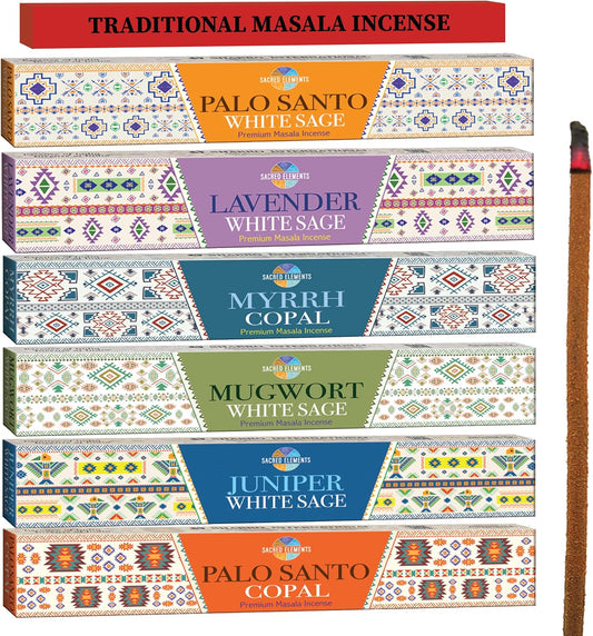 Cleansing Incense Sticks Variety Pack - 6 Masala Insenses - White Sage Incense, Lavender Incense, Myrrh Incense, Copal Incense Mexico & Palo Santo Incense Sticks | Inciensos para Sacar Malas Energias - Glowelle