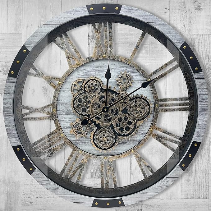 DORBOKER 36" Original Moving Gears Wall Clock, Large Industrial Wall Clock for Living Room Decor, Retro Metal Solid Wood Vintage Farmhouse Steampunk Rustic Clocks for Wall Decor,Silver Grey