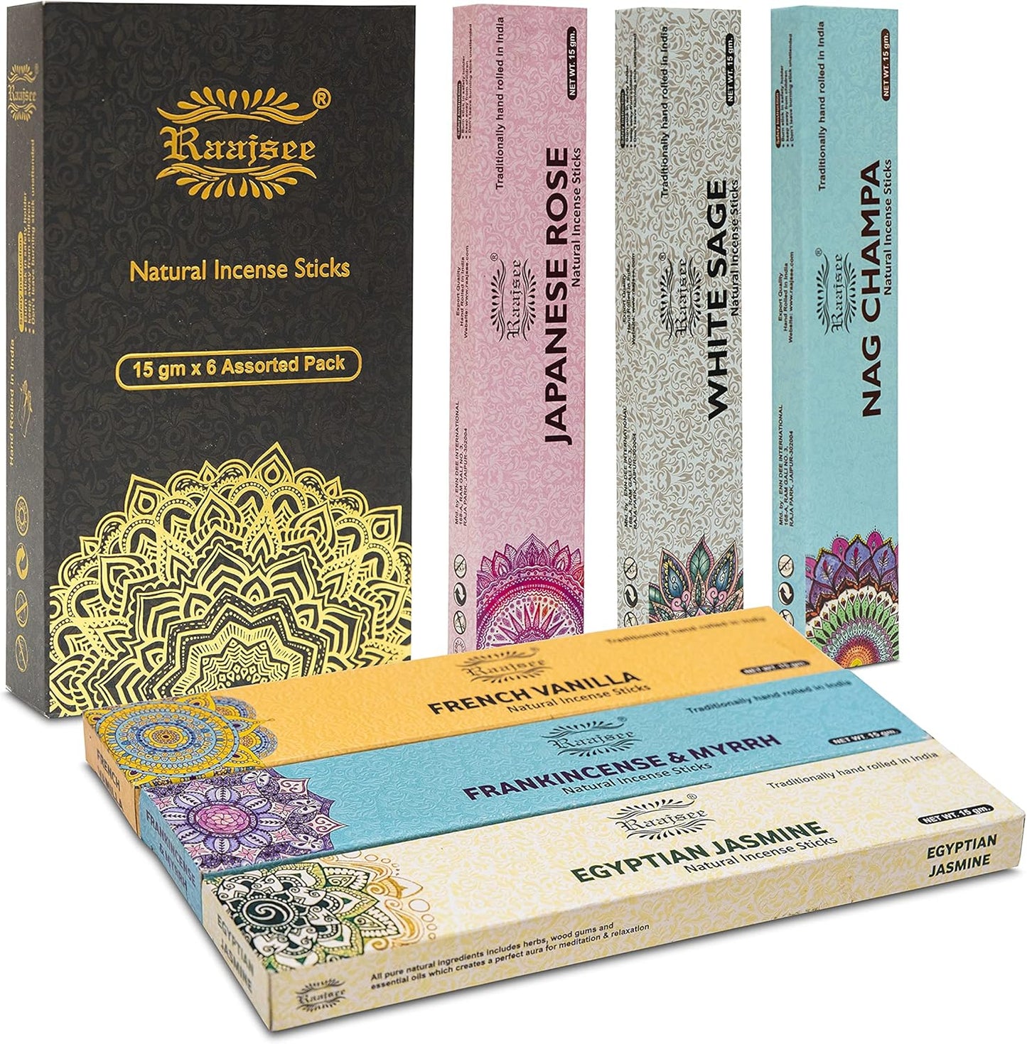 raajsee Incense Sticks 6 Pack Variety Set 15gm Each, Nag Champa- Jasmine - vanila-Japanese Rose-White Sage,100% Organic Hand Rolled- Perfect for Yoga, Meditation,Aromatherapy - Glowelle
