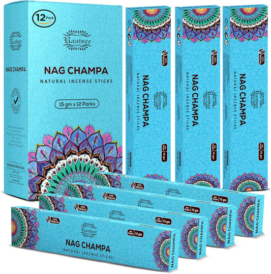 Raajsee Nag Champa Incense Sticks (180 gm), 100% Pure Organic Natural Hand Rolled Free from Chemicals - Nag Champa Incense is Perfect for Aromatherapy, Cleansing, Meditation (Pack of 12) - Glowelle