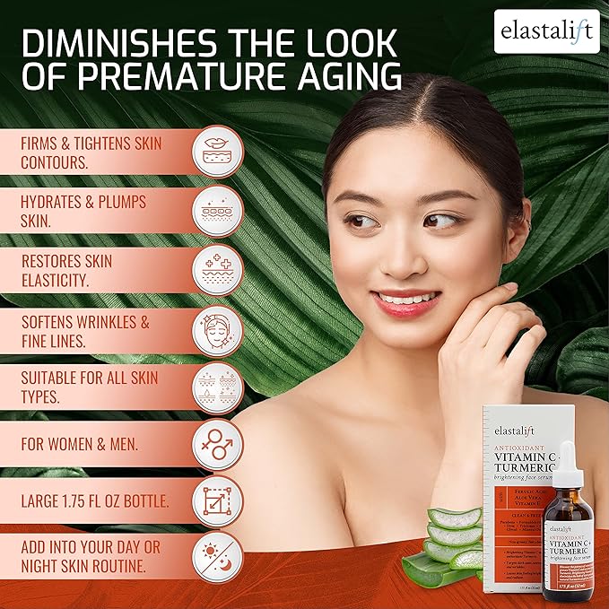 Elastalift Concentrated Vitamin C + Turmeric Oil Anti Aging Facial Serum Skin Care Booster - Promote Clear & Brighten Skin Tone - Hydrate Dry Skin, Fight Redness, Restore Skin Strength - 1.75 Fl Oz