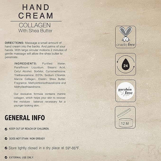 Lawrens Collagen + Shea Butter Hand Cream - Hypoallergenic Moisturizing Lotion, Dry Skin Relief, 24HR moisture for All Skin Types - 8 OZ