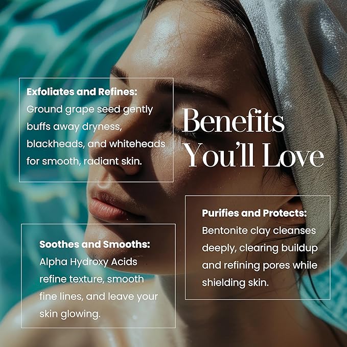 Hylunia Skincare Grape Seed Facial Scrub – Gentle Exfoliating Face Scrub with Ground Grape Seed, Bentonite Clay, and Alpha Hydroxy Acid for smooth, glowing skin and refined pores, 5.1oz