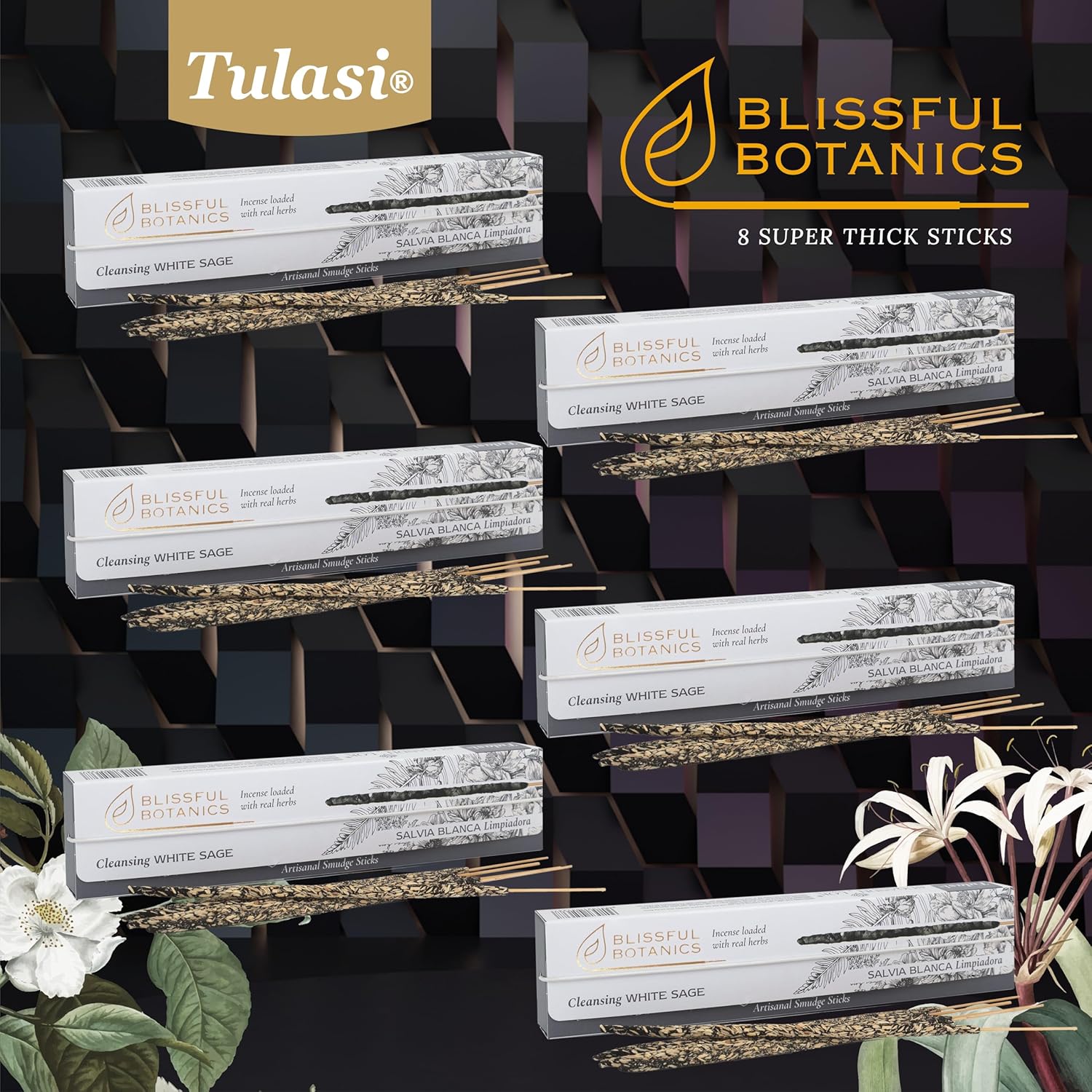 Tulasi White Sage Smudge Incense Sticks Pack – 48 Natural Smudge Sticks (6 Boxes x 8), Long Burning (55 Min), Aromatherapy, Spiritual Cleansing, Meditation, Mood Lifting, Air Purifying Incense - Glowelle