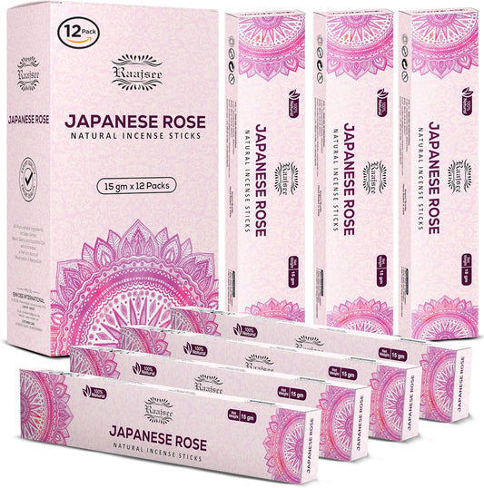 Raajsee Japanese Rose Incense Sticks (180 gm), 100% Pure Organic Natural Hand Rolled Free from Chemicals- Perfect for Aromatherapy, Cleansing, Meditation, and Church (Pack of 12) - Glowelle