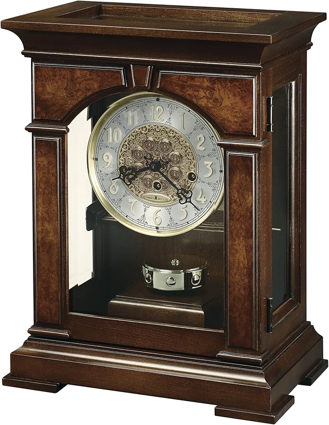 Howard Miller - Mantel Clock for Living Room - Cherry Bordeaux Finish, Front Glass Door, Brass Pendulum, Ornate Arabic Numerals, Key-Wound, and Single-Chime Movement - Emporia, 630266