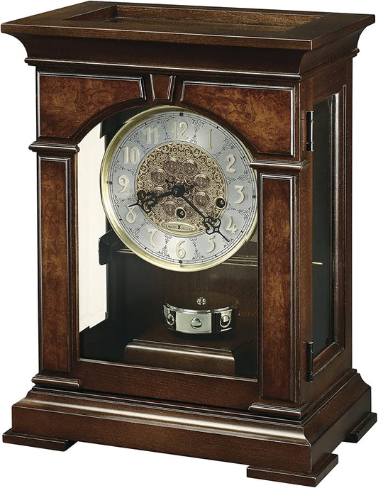 Howard Miller - Mantel Clock for Living Room - Cherry Bordeaux Finish, Front Glass Door, Brass Pendulum, Ornate Arabic Numerals, Key-Wound, and Single-Chime Movement - Emporia, 630266