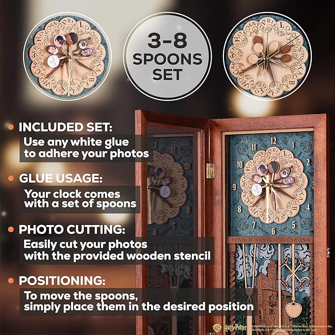 ZE WOOD Weasley Family Harry Potter 3D Wall Clock - Collectible Reddish Brown Wooden Clock, Silent Large Modern Rustic Decorative Home Decor for Harry Potter Fans, Mother's Day Gift (4 spoons, XL)