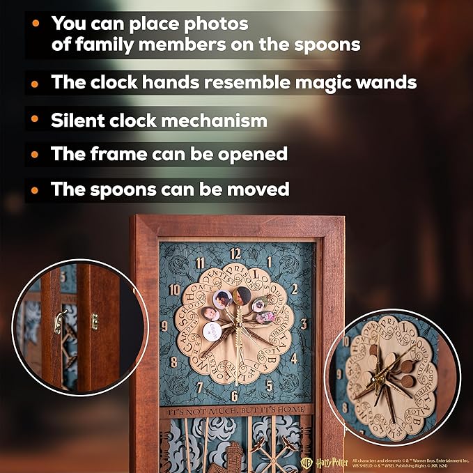 ZE WOOD Weasley Family Harry Potter 3D Wall Clock - Unique Collectible Oak Brown Wooden Clock, Silent Large Modern Rustic Decorative Home Decor for Harry Potter Fans, Mother's Day Gift (6 spoons, XL)