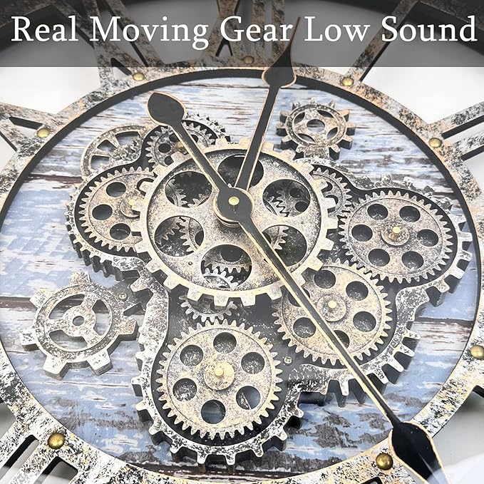 36 Inch Moving Gear Wall Clock, Oversized Wall Clocks, Clock Living Room Decor, Solid Wood Frame, Battery Operated, Large Wall Clock with Steampunk Industrial for Fireplace