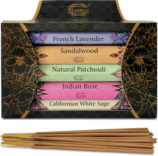 Raajsee Incense Sticks Multipack 15 Sticks x 5 Pack -100% Pure Organic Natural Assorted insense Stick - Hand Rolled Free from Chemicals -Perfect for Church Aromatherapy, Sandalwood,White sage, Rose - Glowelle